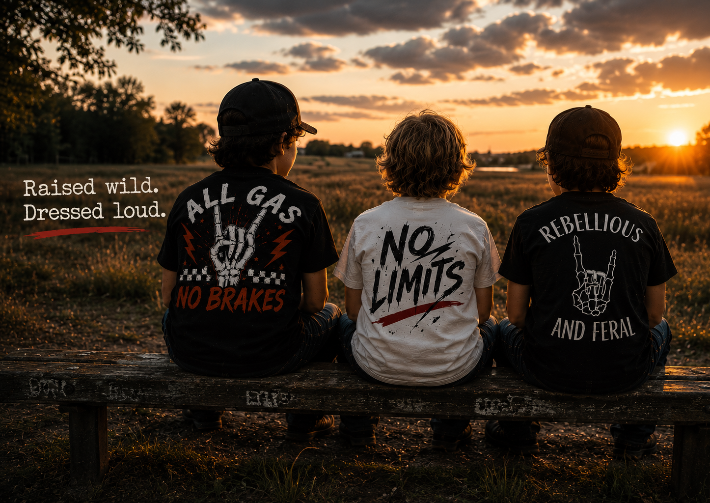 young boys wearing rebel and riot co t-shirts outdoors